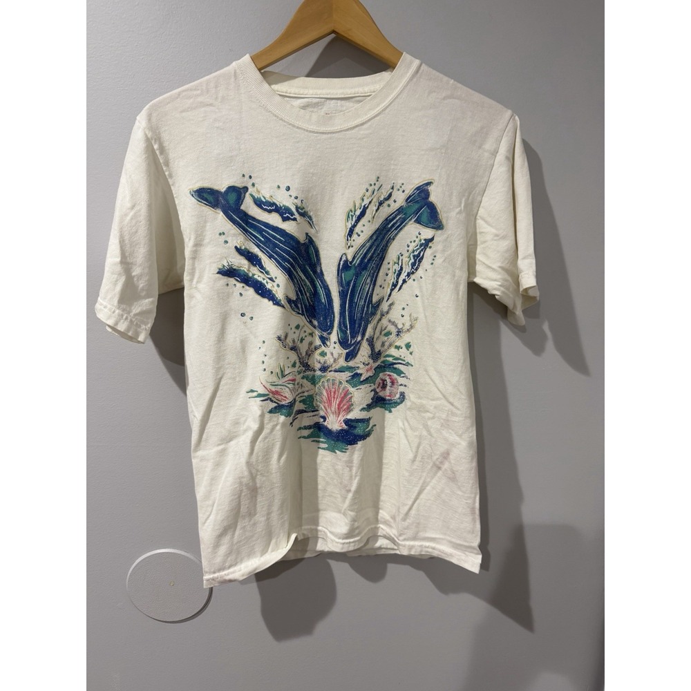 Vintage 90's Hanes Dolphin Seashell Graphic Tee T-Shirt Size Small Tropical W